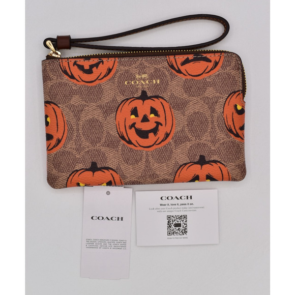 Coach Corner Zip Wristlet In Signature Canvas With Halloween Print Pumpkin NWT - Picture 1 of 16
